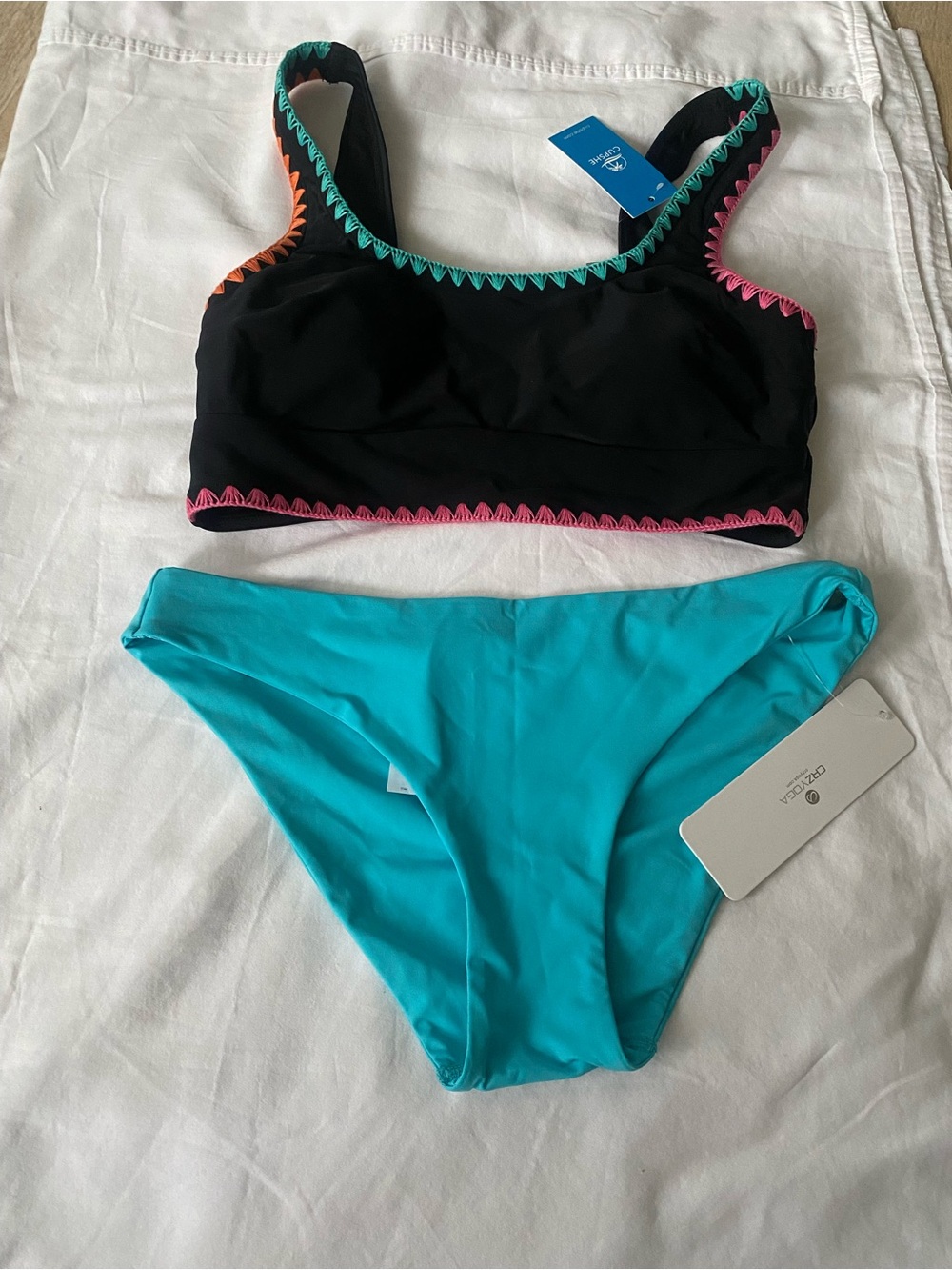 Cupshe Black Bikini Top with Multicolor Trim & Turquoise Bottom